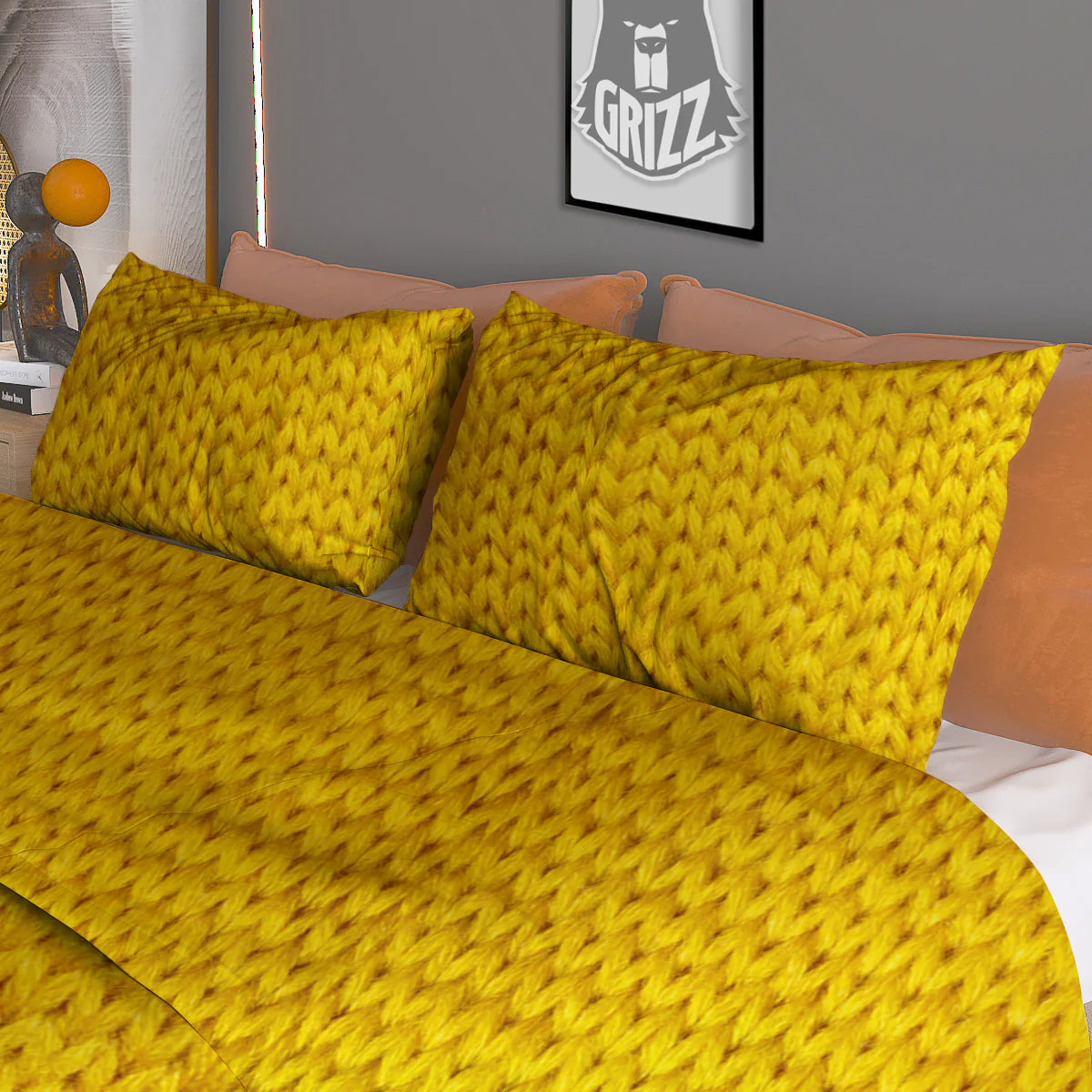 Knitted Yellow Print Pattern Duvet Cover Bedding Set - Image 3