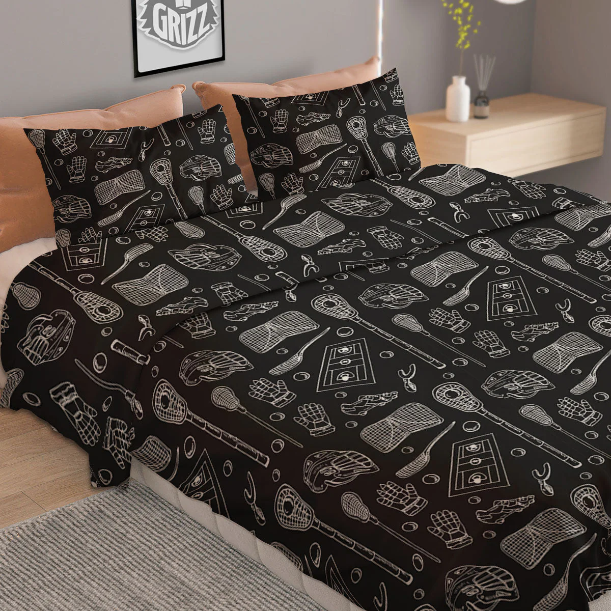 Lacrosse Doodle Print Pattern Duvet Cover Bedding Set - Image 2