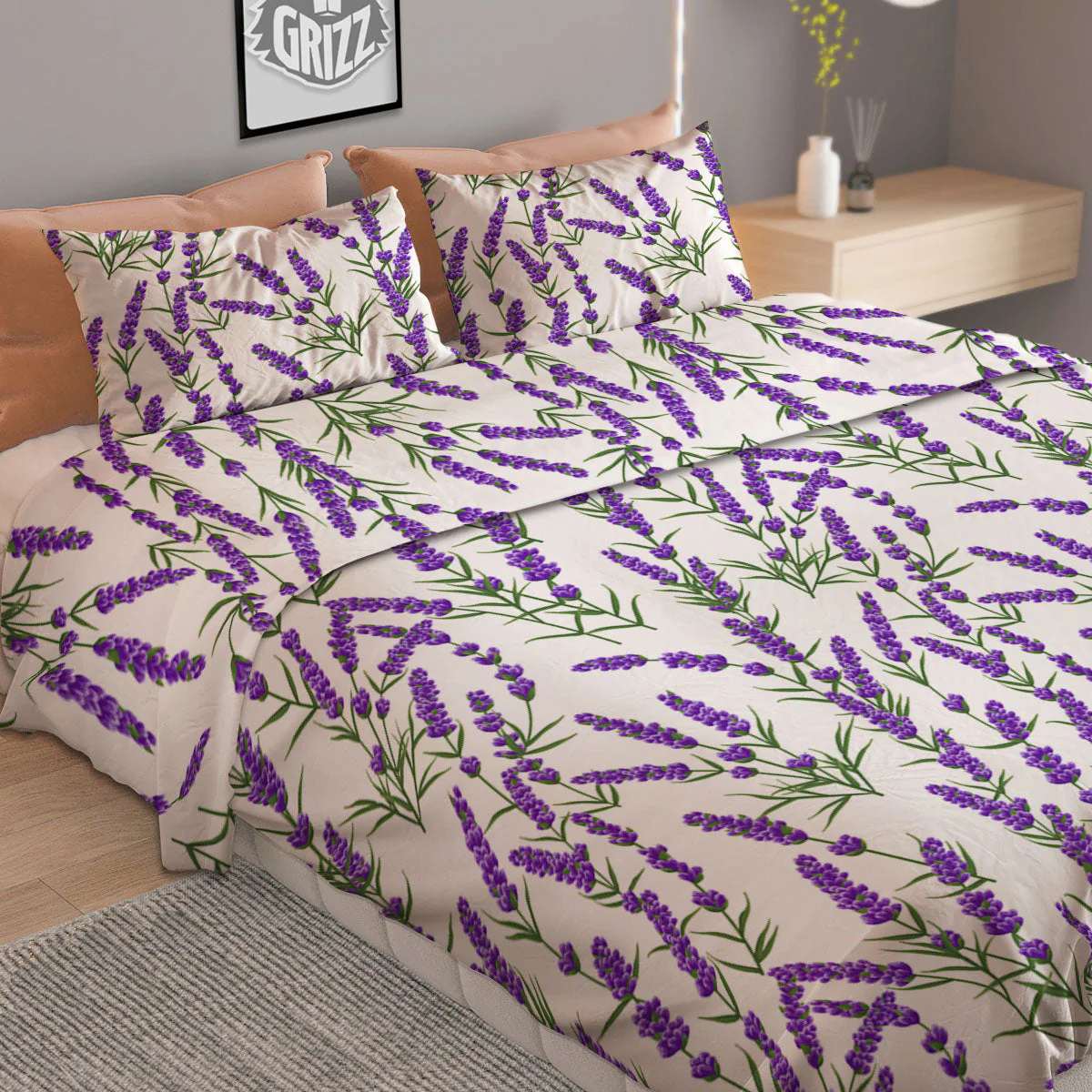 Lavender White And Purple Print Pattern Duvet Cover Bedding Set - Image 2