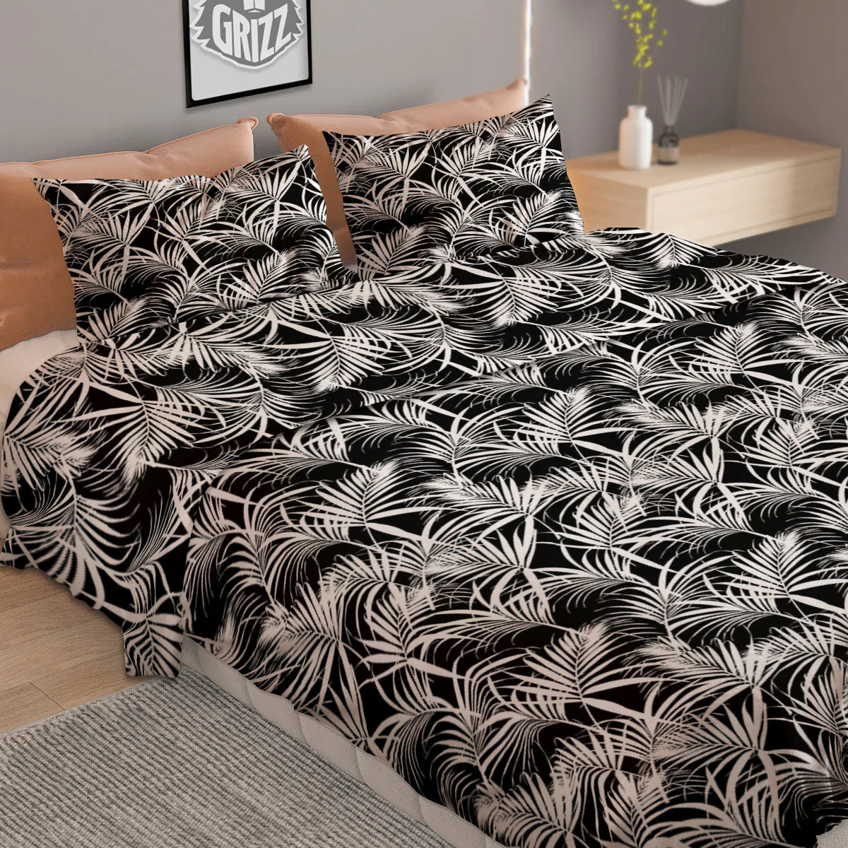 Leaf Aloha Black Palm Print Pattern Duvet Cover Bedding Set - Image 2