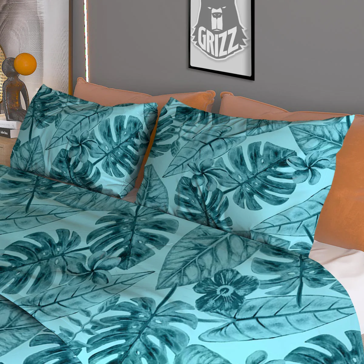 Leaf Flower Teal Hawaiian Print Pattern Duvet Cover Bedding Set - Image 3