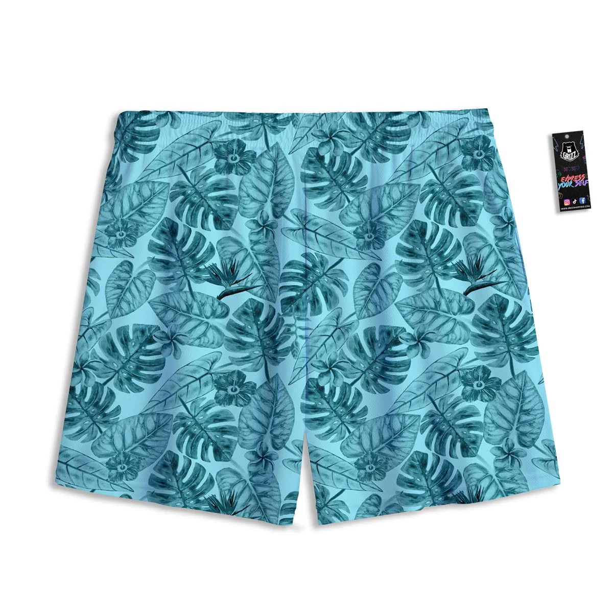 Leaf Flower Teal Hawaiian Print Pattern Mesh Shorts - Image 2