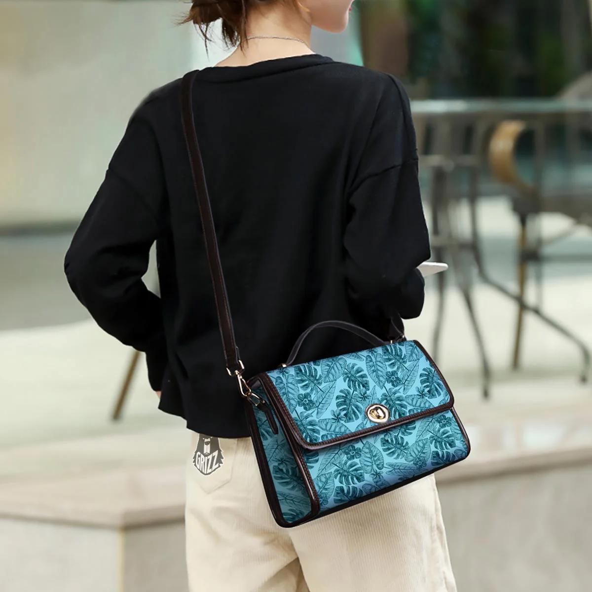 Leaf Flower Teal Hawaiian Print Pattern Women's Satchel Bag - Image 3