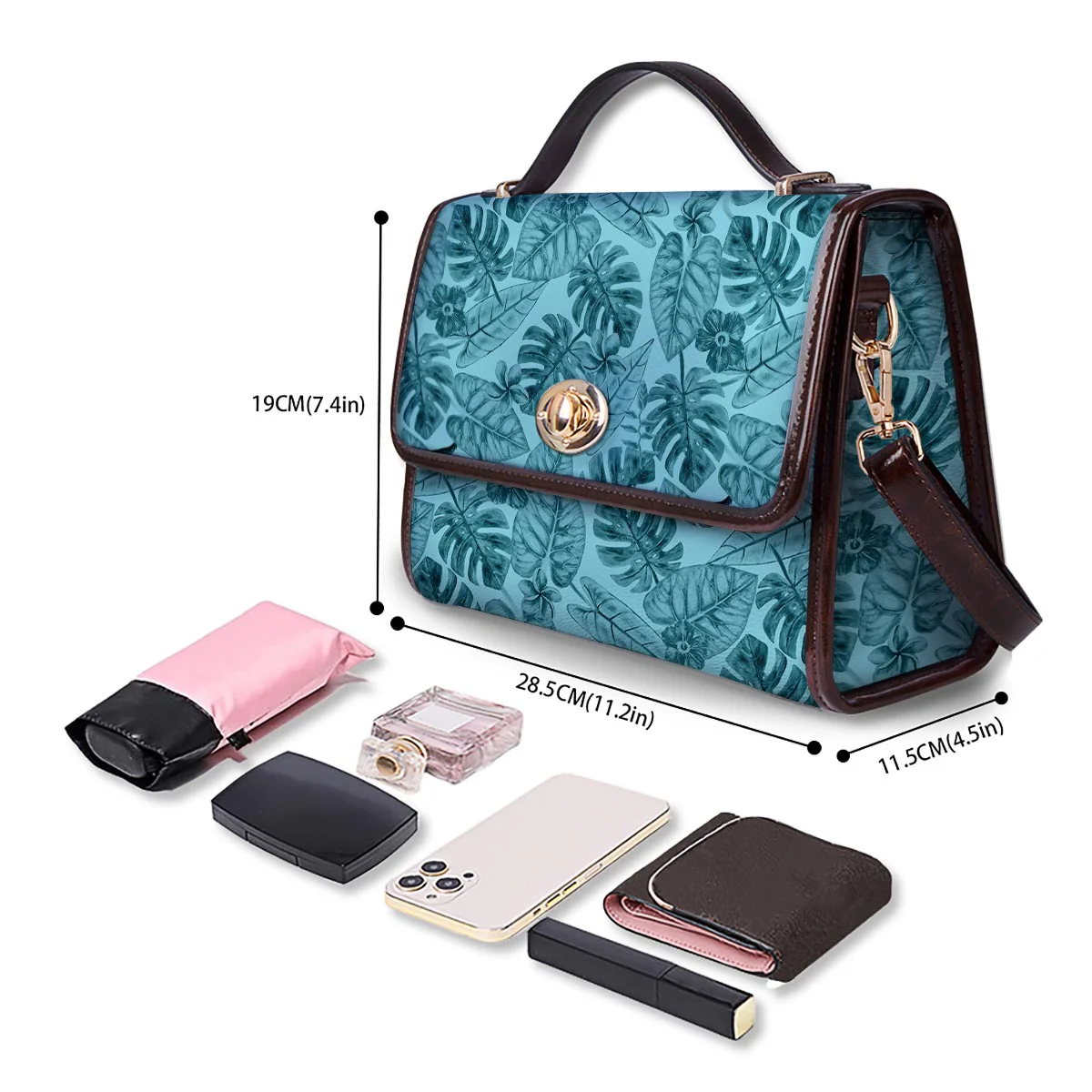 Leaf Flower Teal Hawaiian Print Pattern Women's Satchel Bag - Image 4