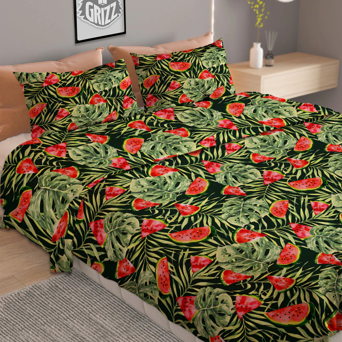 Leaf Palm Watermelon Black Print Pattern Duvet Cover Bedding Set - Image 2