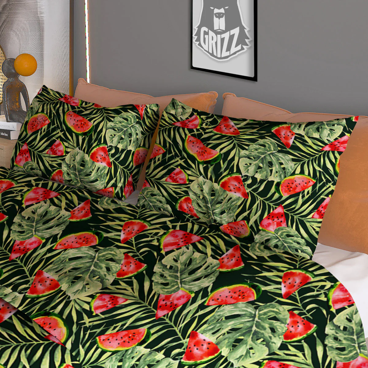 Leaf Palm Watermelon Black Print Pattern Duvet Cover Bedding Set - Image 3