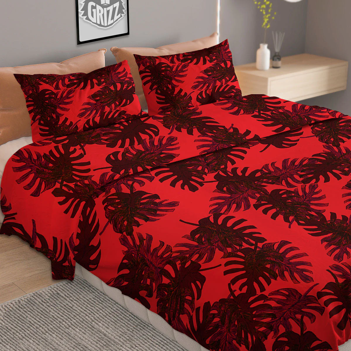 Leaf Red Print Pattern Duvet Cover Bedding Set - Image 2