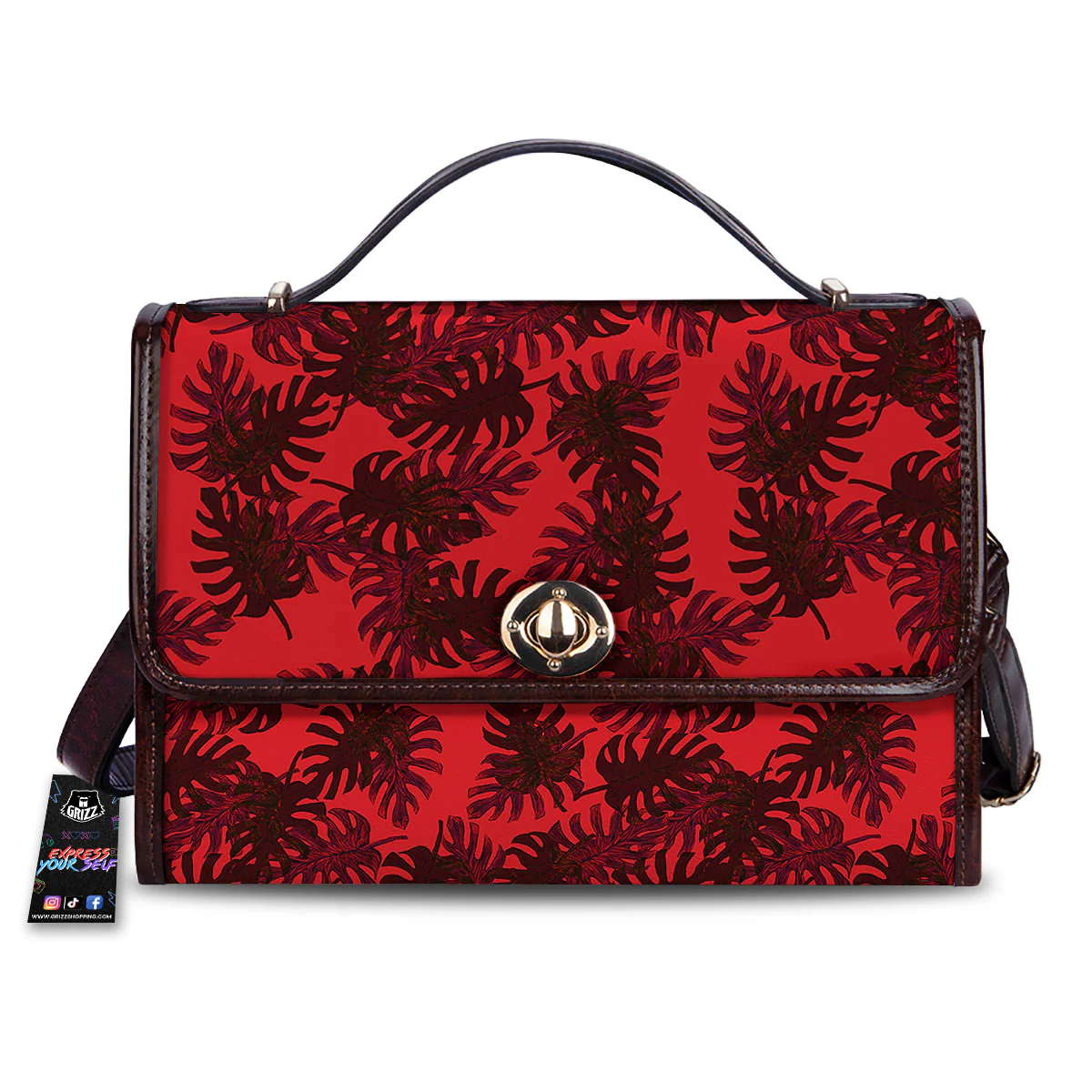 Leaf Red Print Pattern Women's Satchel Bag