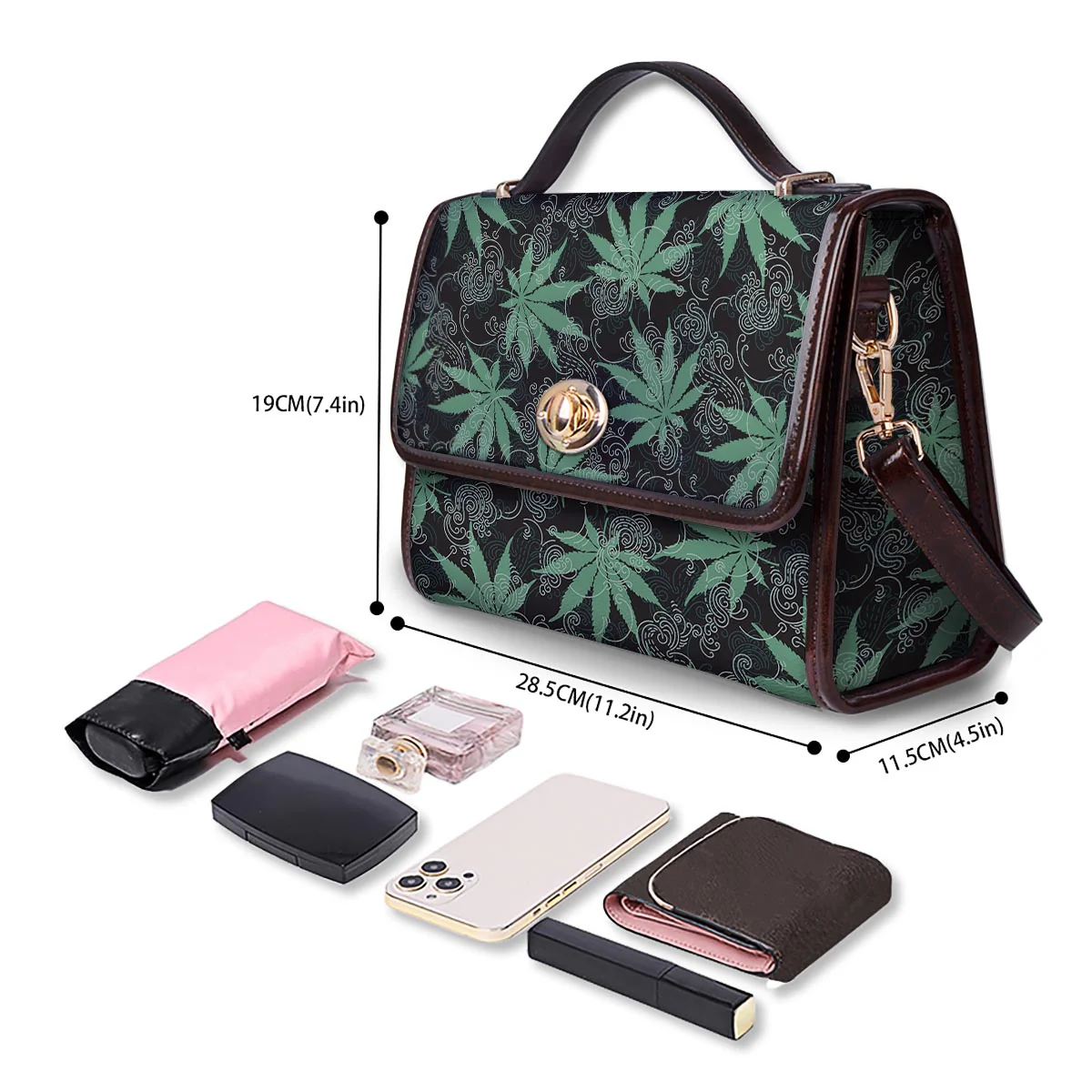 Leaf Swirl Cannabis Print Pattern Women's Satchel Bag - Image 4