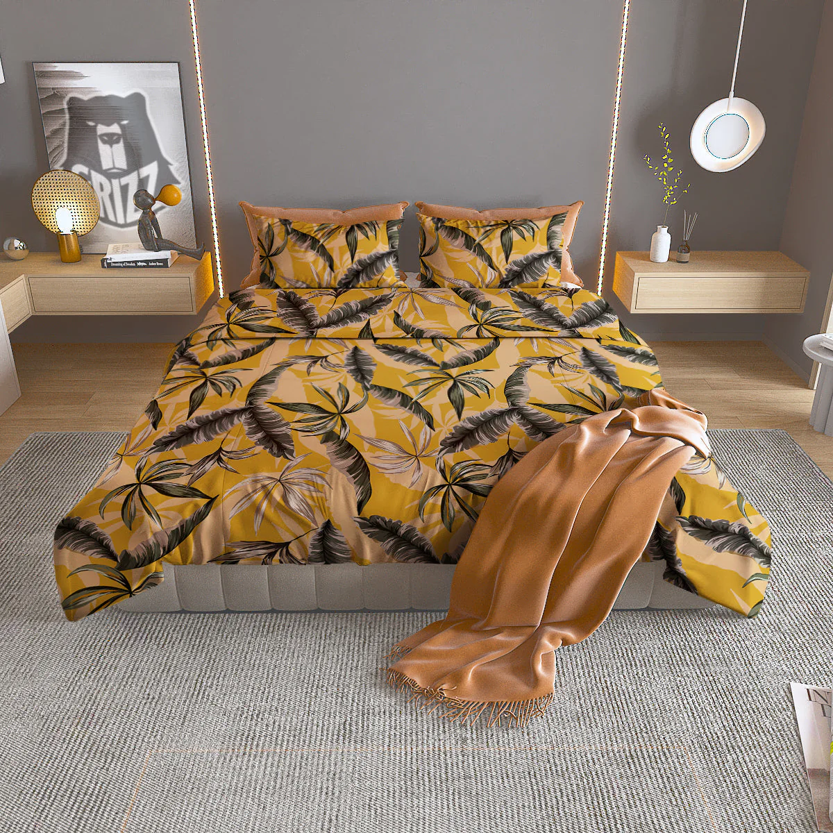 Leaves Monstera Yellow Print Pattern Duvet Cover Bedding Set