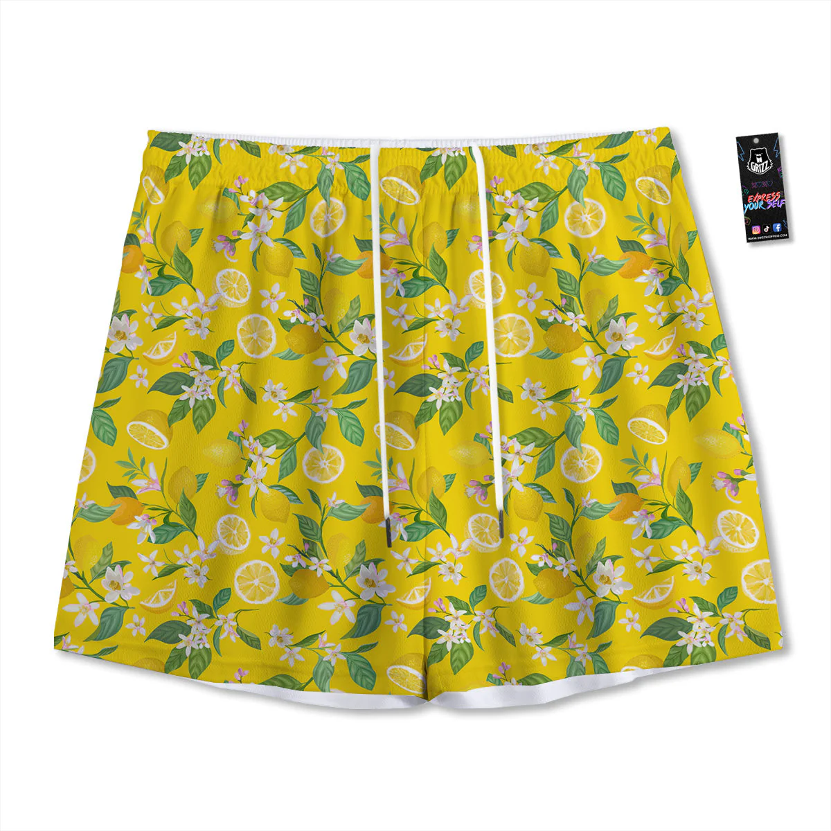 Lemon Yellow Topic Fruits Print Pattern Mesh Shorts