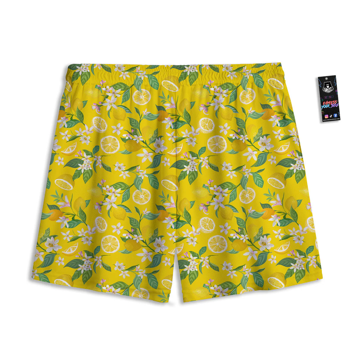 Lemon Yellow Topic Fruits Print Pattern Mesh Shorts - Image 2