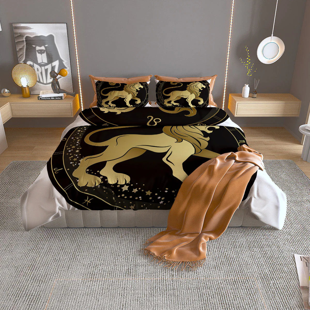Leo Sign Black And Gold Print Duvet Cover Bedding Set