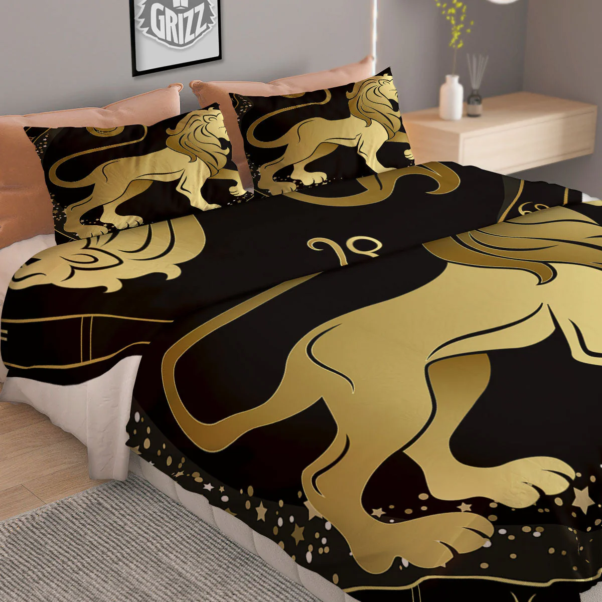 Leo Sign Black And Gold Print Duvet Cover Bedding Set - Image 2