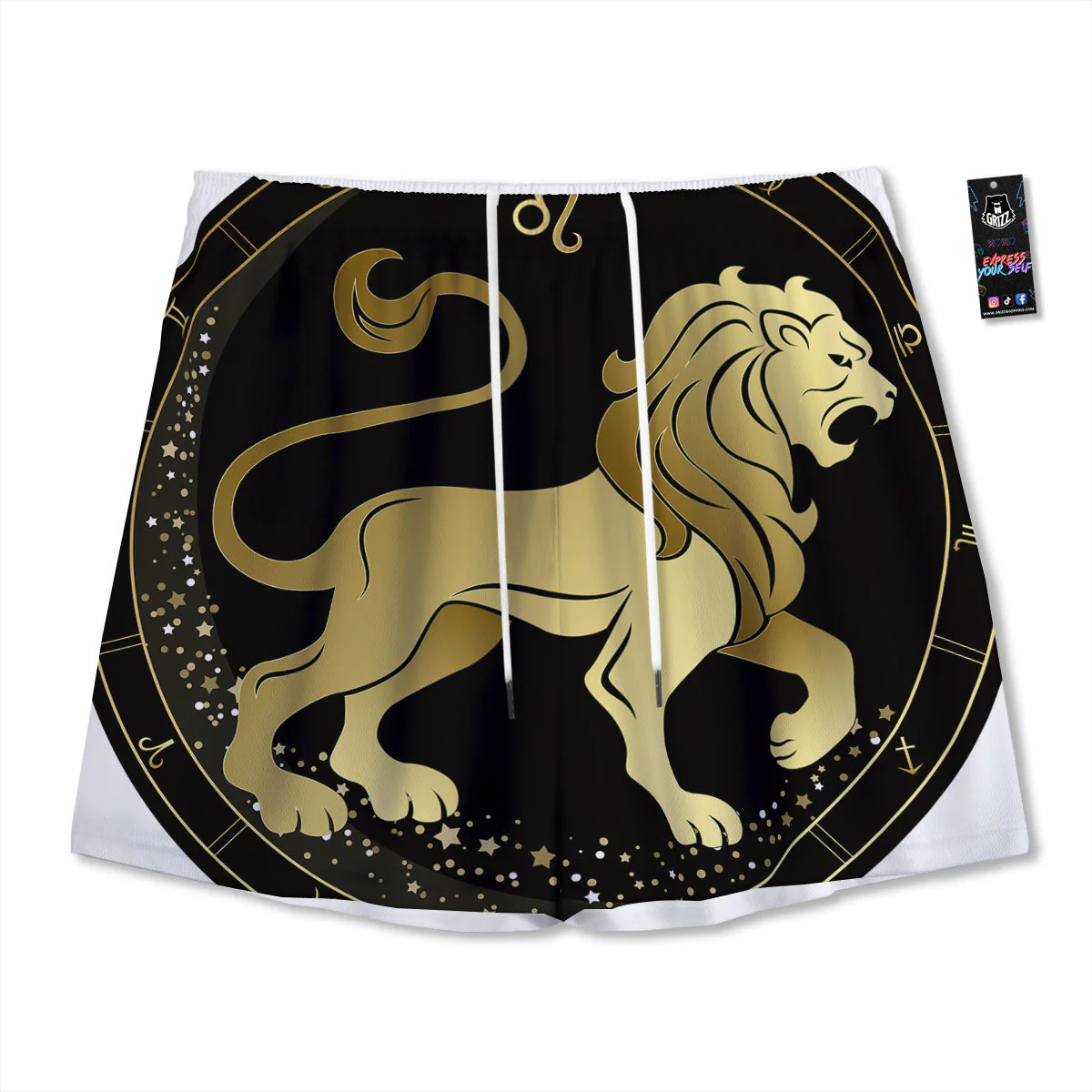 Leo Sign Black And Gold Print Mesh Shorts