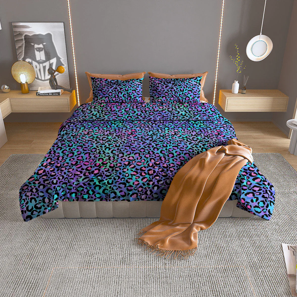 Leopard Teal And Purple Print Pattern Duvet Cover Bedding Set