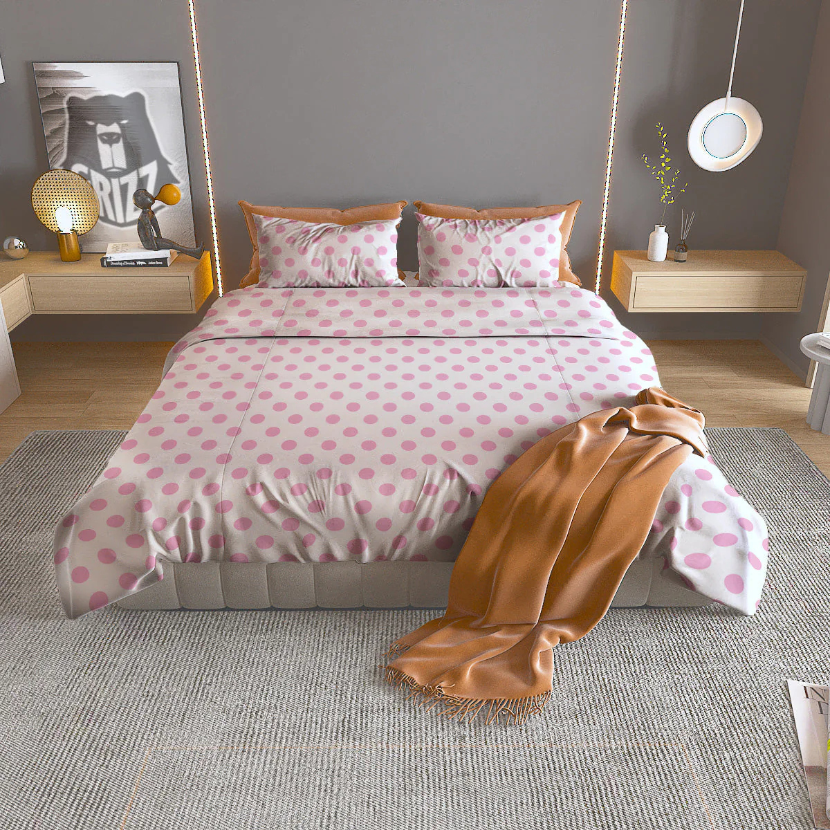 Light Pink Dots And White Print Pattern Duvet Cover Bedding Set