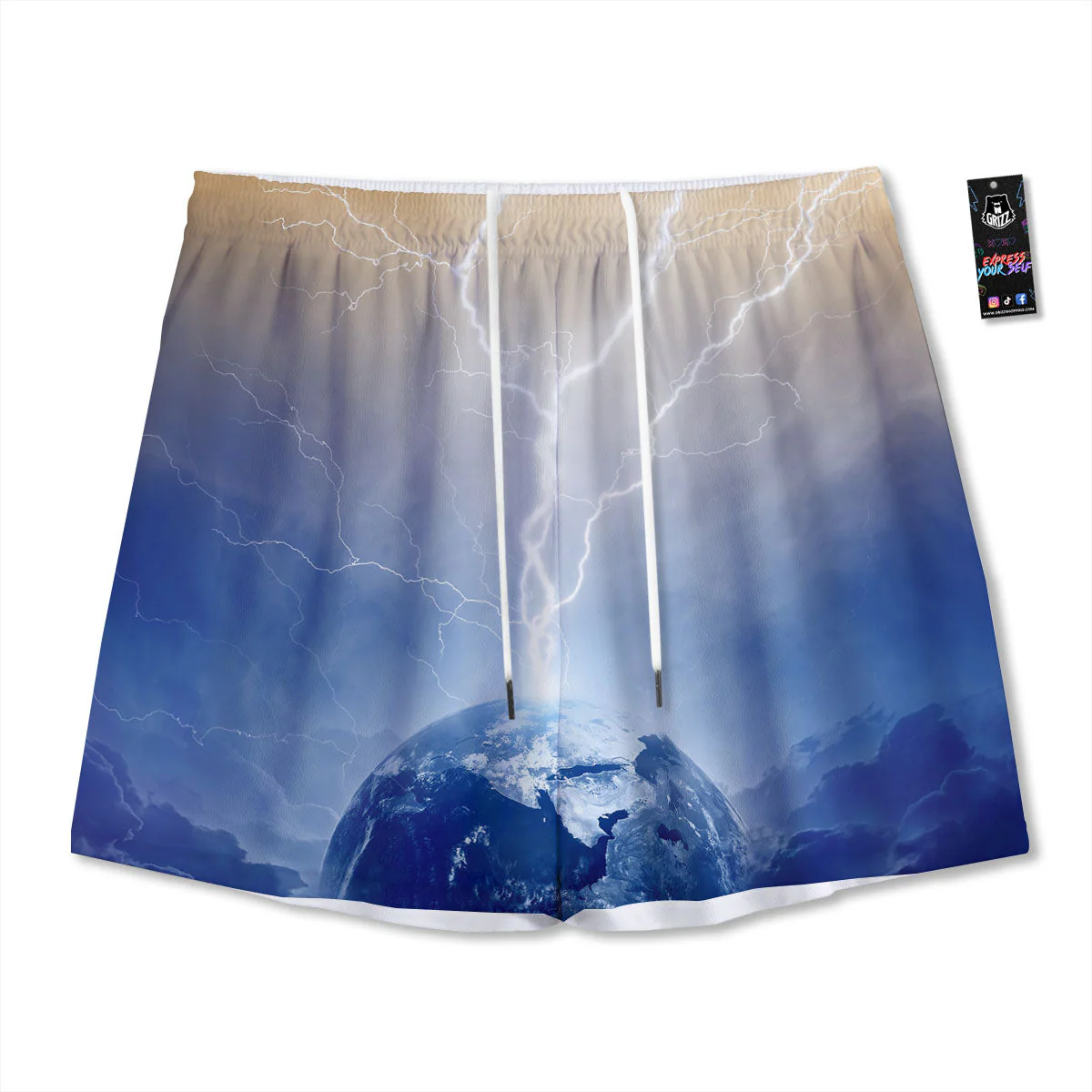 Lightning Destroy Planet Earth Print Mesh Shorts