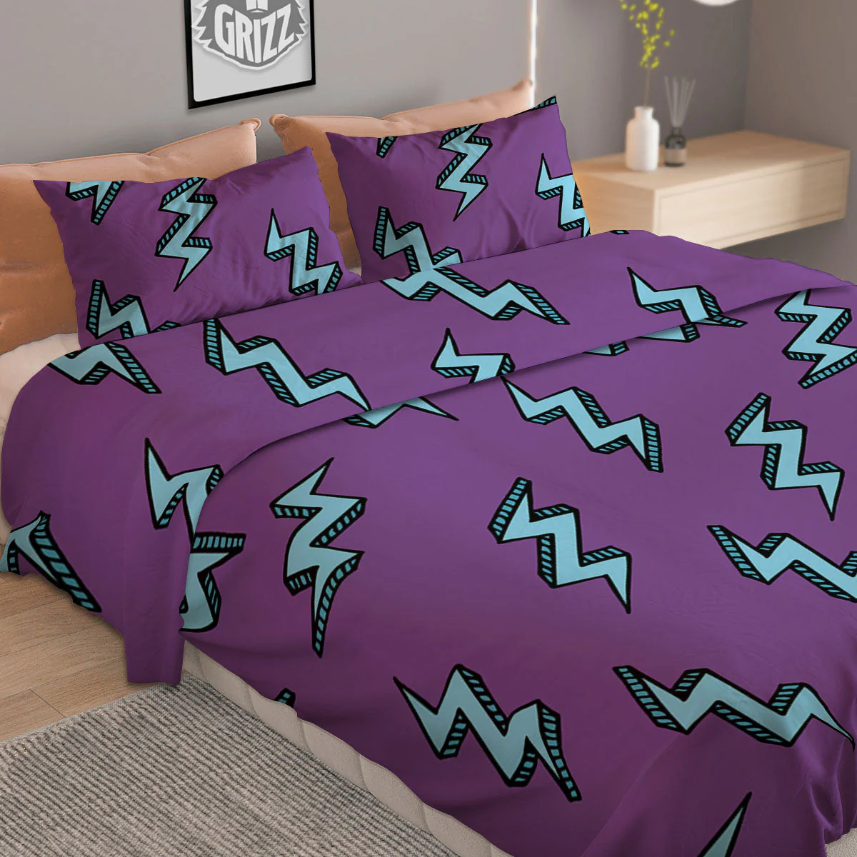 Lightning Teal And Purple Print Pattern Duvet Cover Bedding Set - Image 2