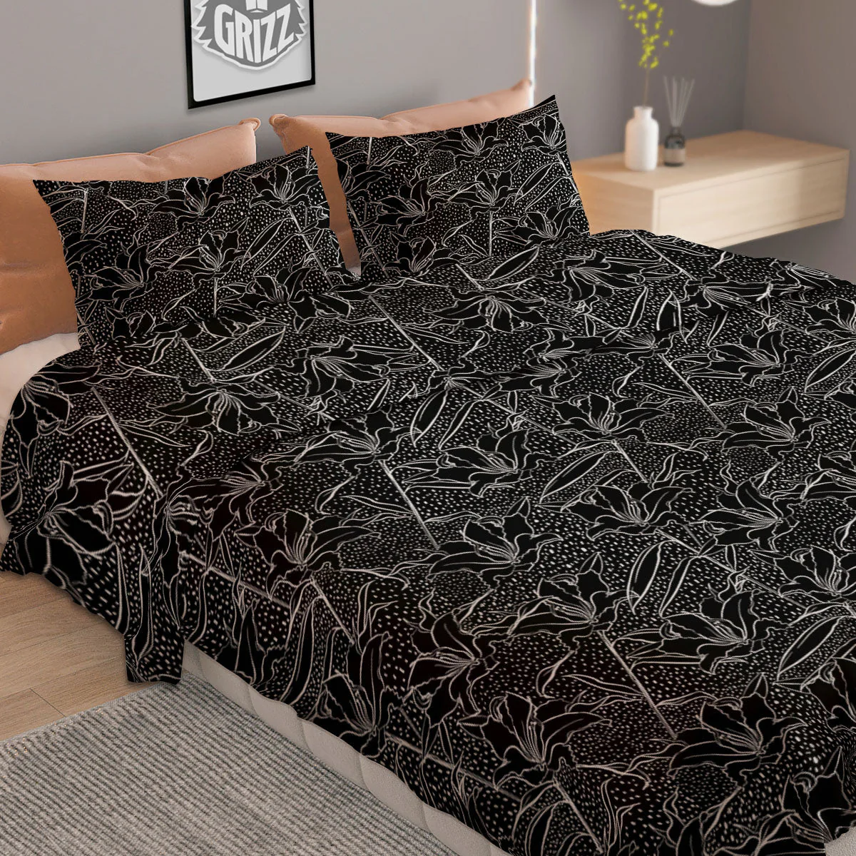 Lily Black And White Print Pattern Duvet Cover Bedding Set - Image 2