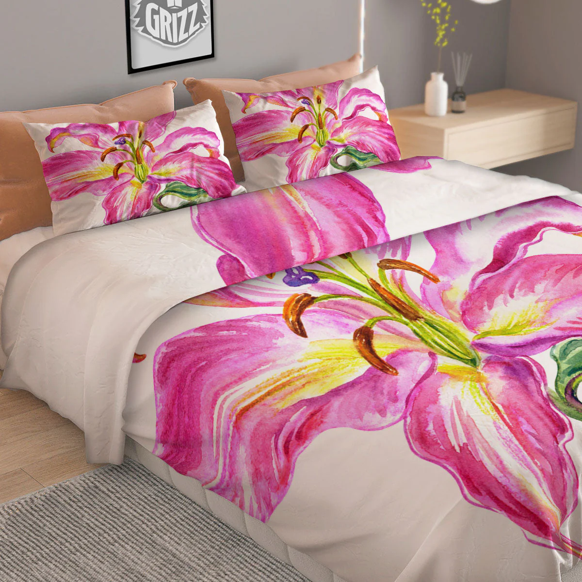 Lily Pink Watercolor Print Duvet Cover Bedding Set - Image 2
