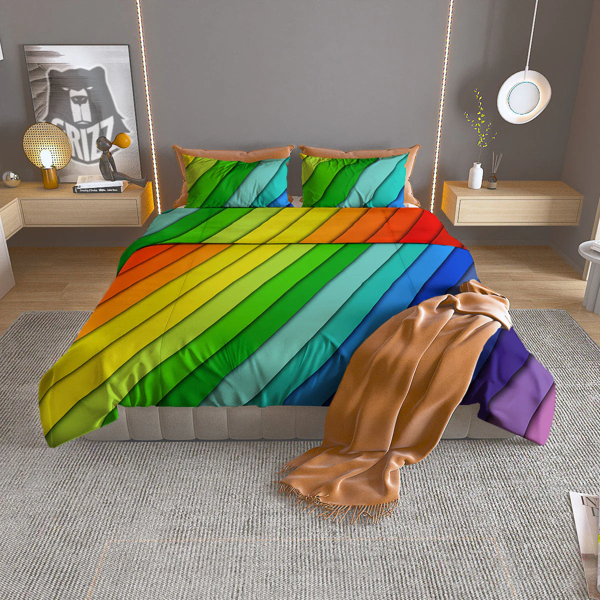 Lines Rainbow Diagonal Print Pattern Duvet Cover Bedding Set