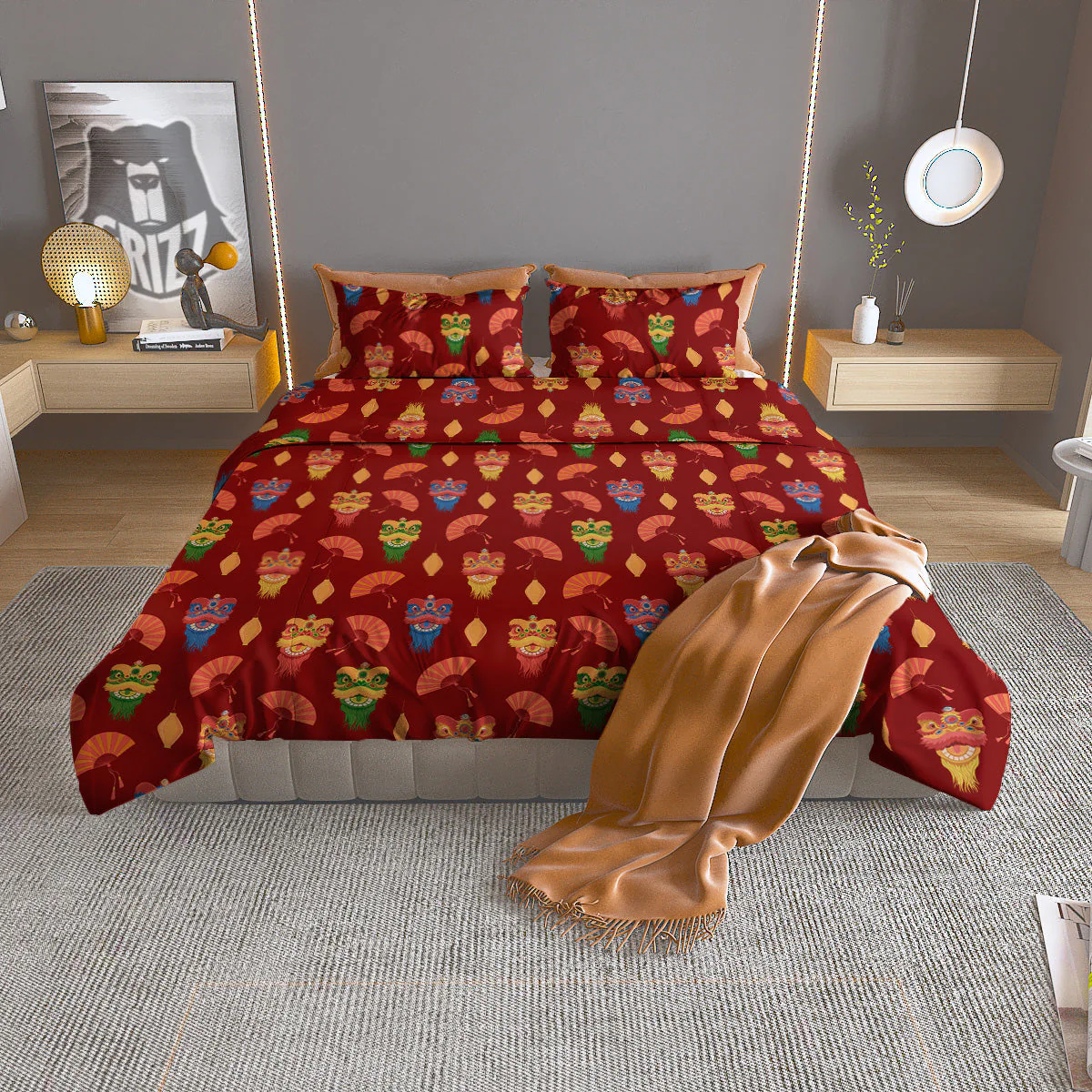 Lion Dance Chinese New Years Print Pattern Duvet Cover Bedding Set