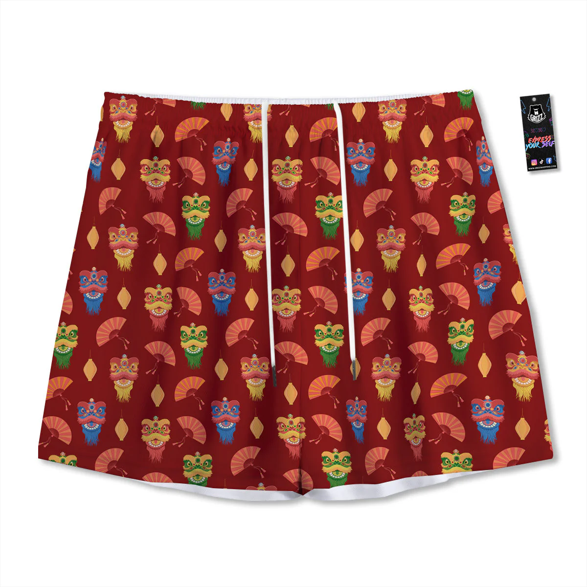 Lion Dance Chinese New Years Print Pattern Mesh Shorts