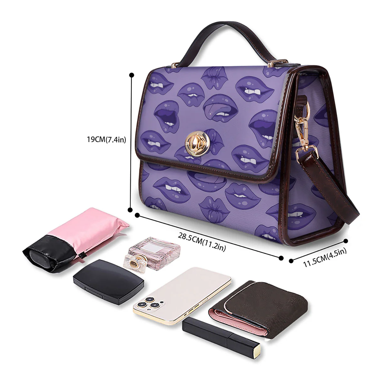 Lips Purple Print Pattern Women's Satchel Bag - Image 4