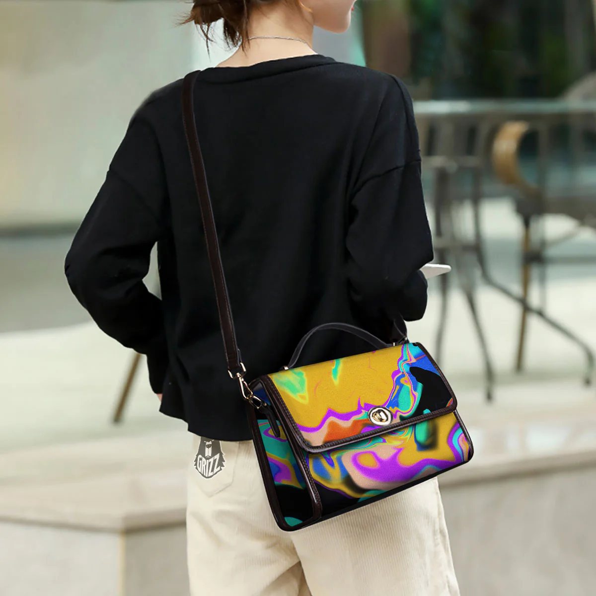 Liquid Trippy Holographic Neon Print Women's Satchel Bag - Image 3
