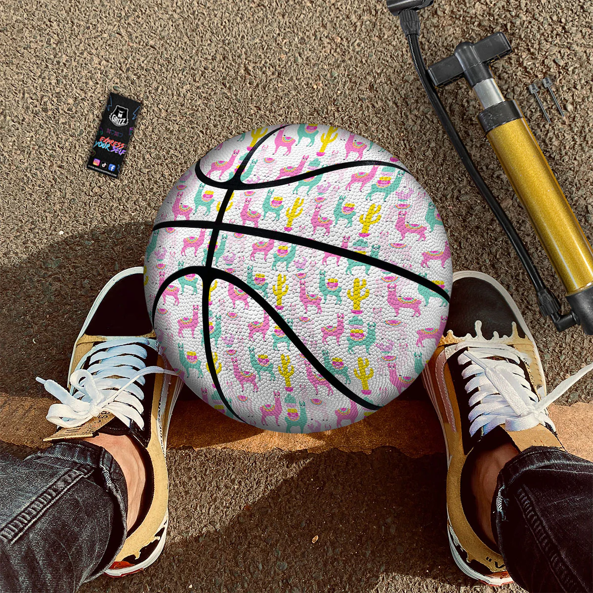Llama And Cartoon Cactus Print Pattern Basketball - Image 3
