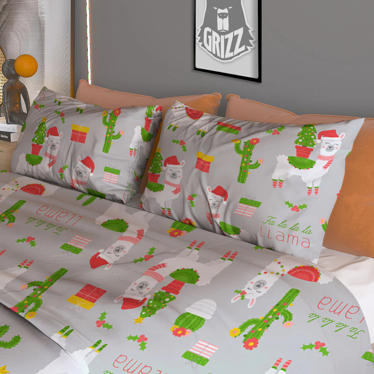 Llama Xmas Santa Claus Print Pattern Duvet Cover Bedding Set - Image 3