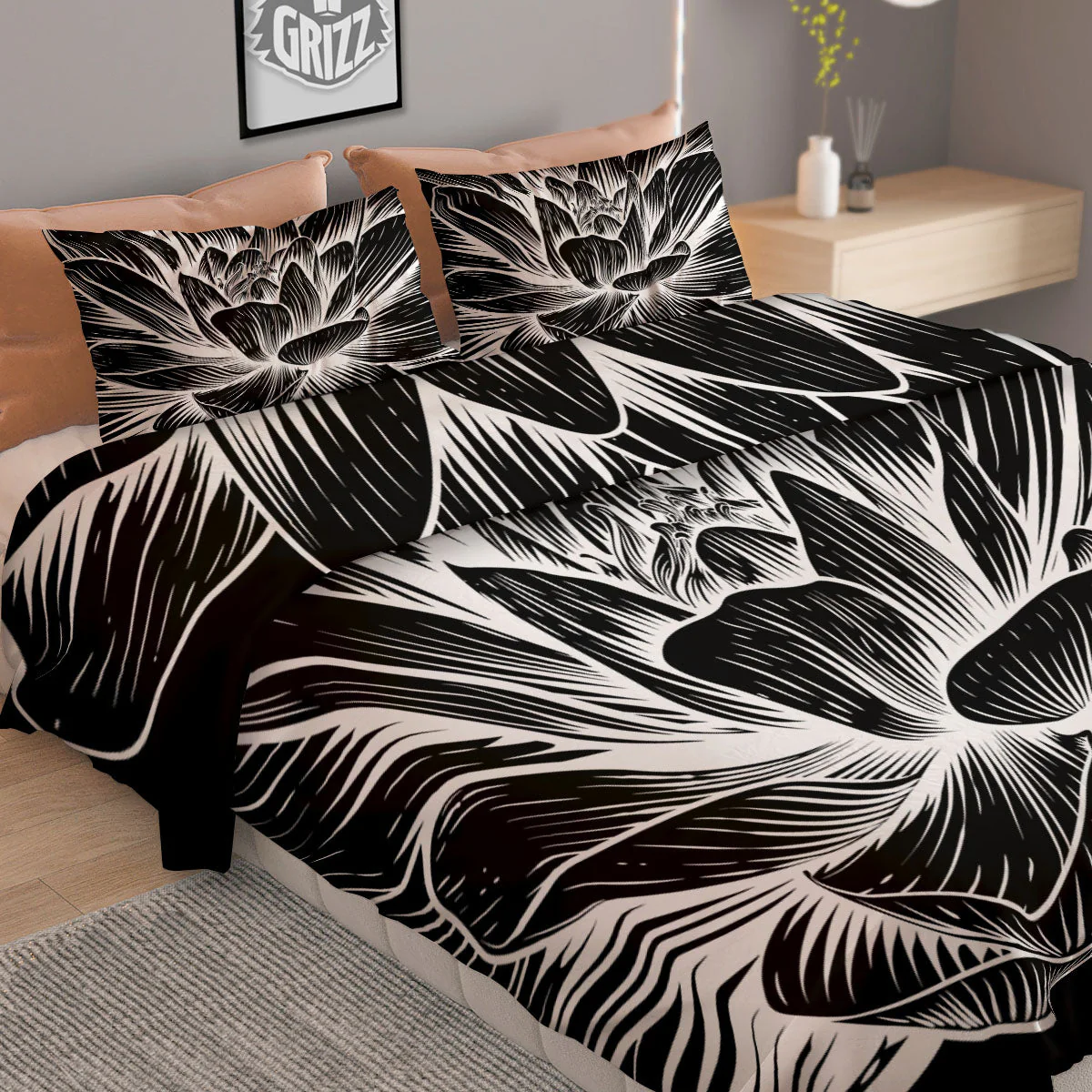 Lotus Flower White And Black Print Duvet Cover Bedding Set - Image 2