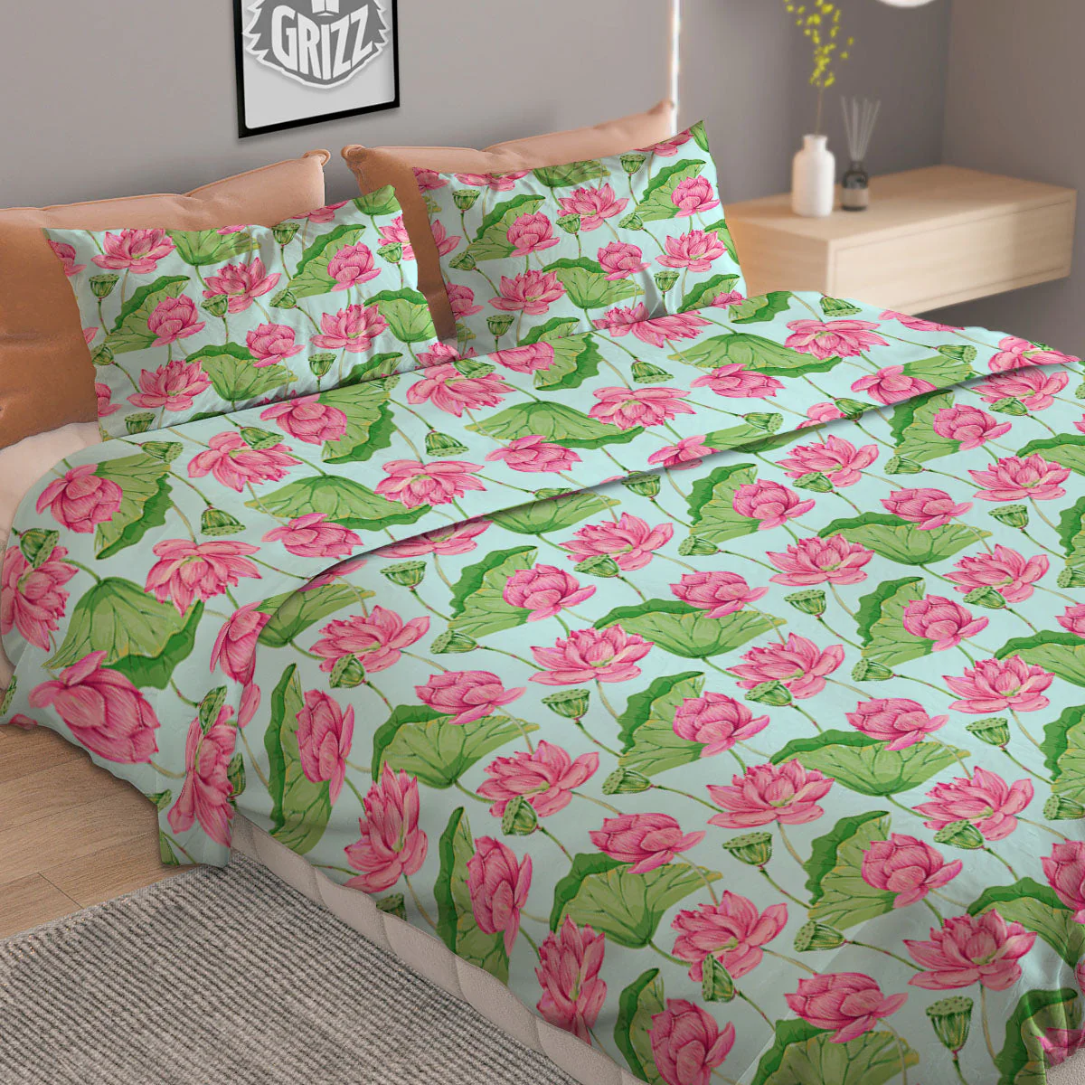 Lotus Leaf And Flower On The Water Print Pattern Duvet Cover Bedding Set - Image 2