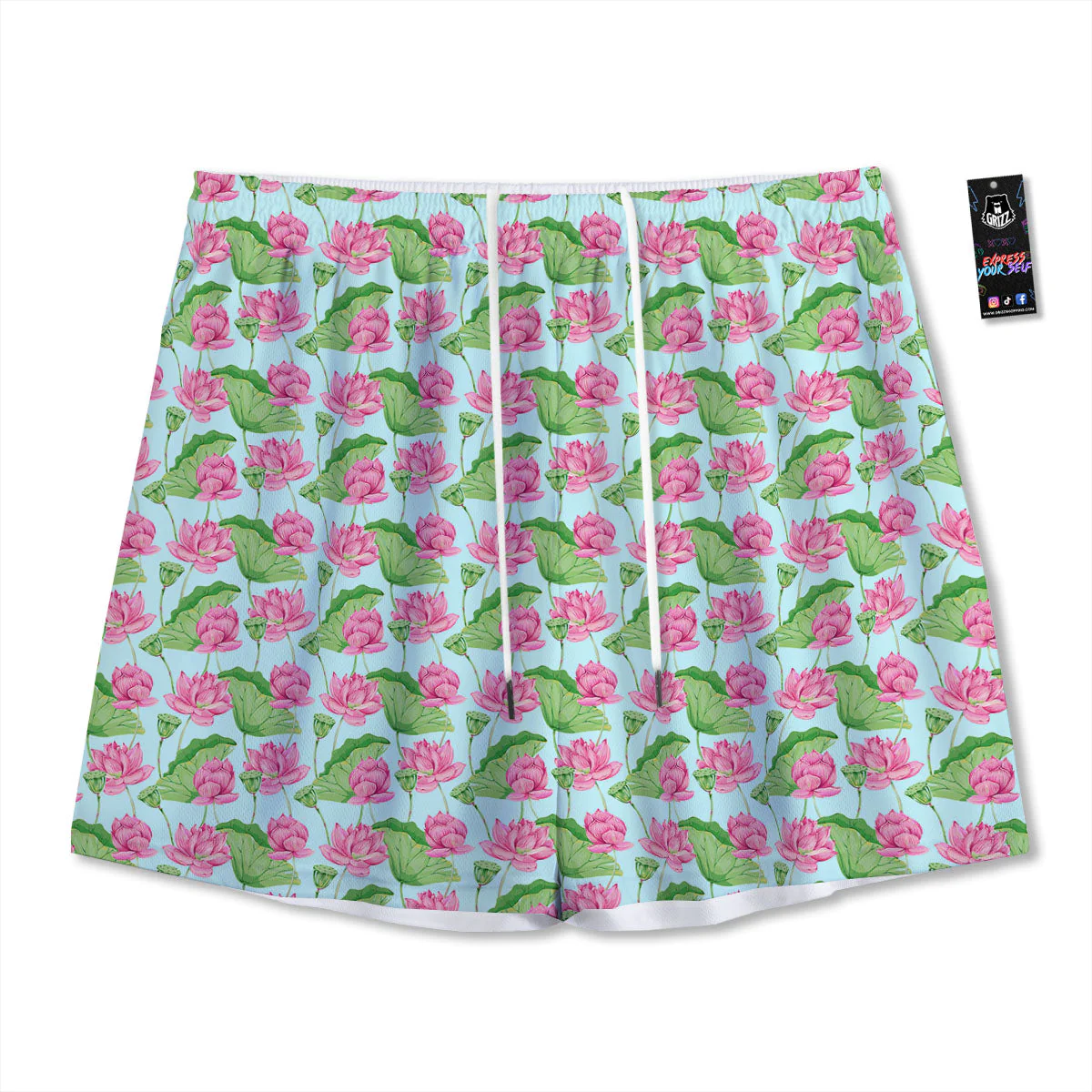 Lotus Leaf And Flower On The Water Print Pattern Mesh Shorts