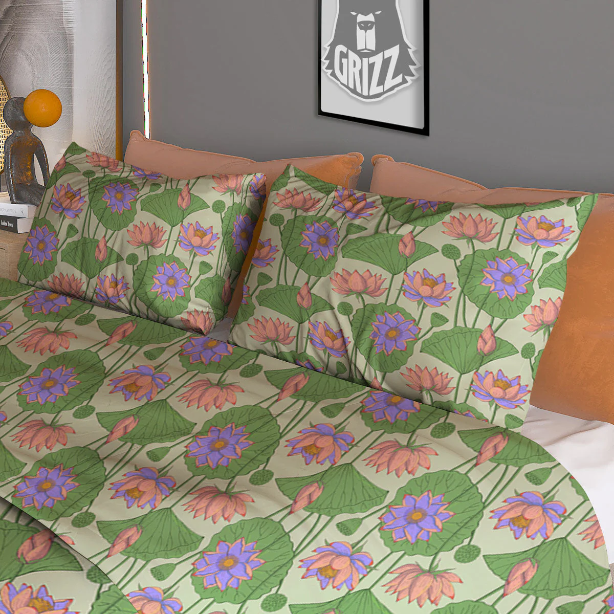 Lotus Leaf And Flower Print Pattern Duvet Cover Bedding Set - Image 3