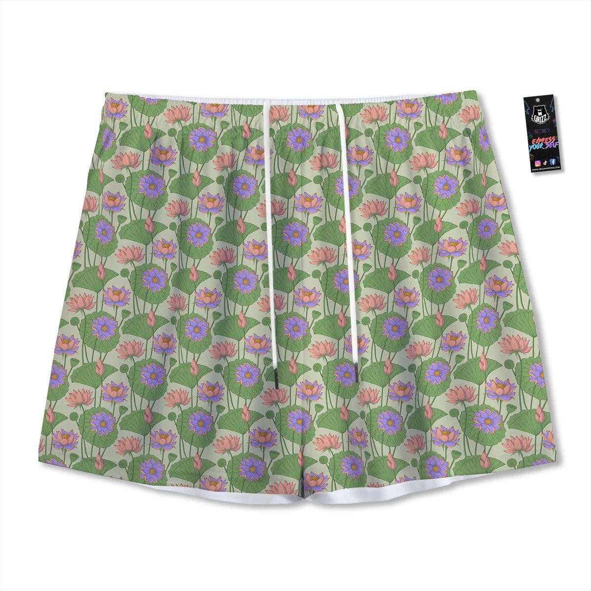 Lotus Leaf And Flower Print Pattern Mesh Shorts