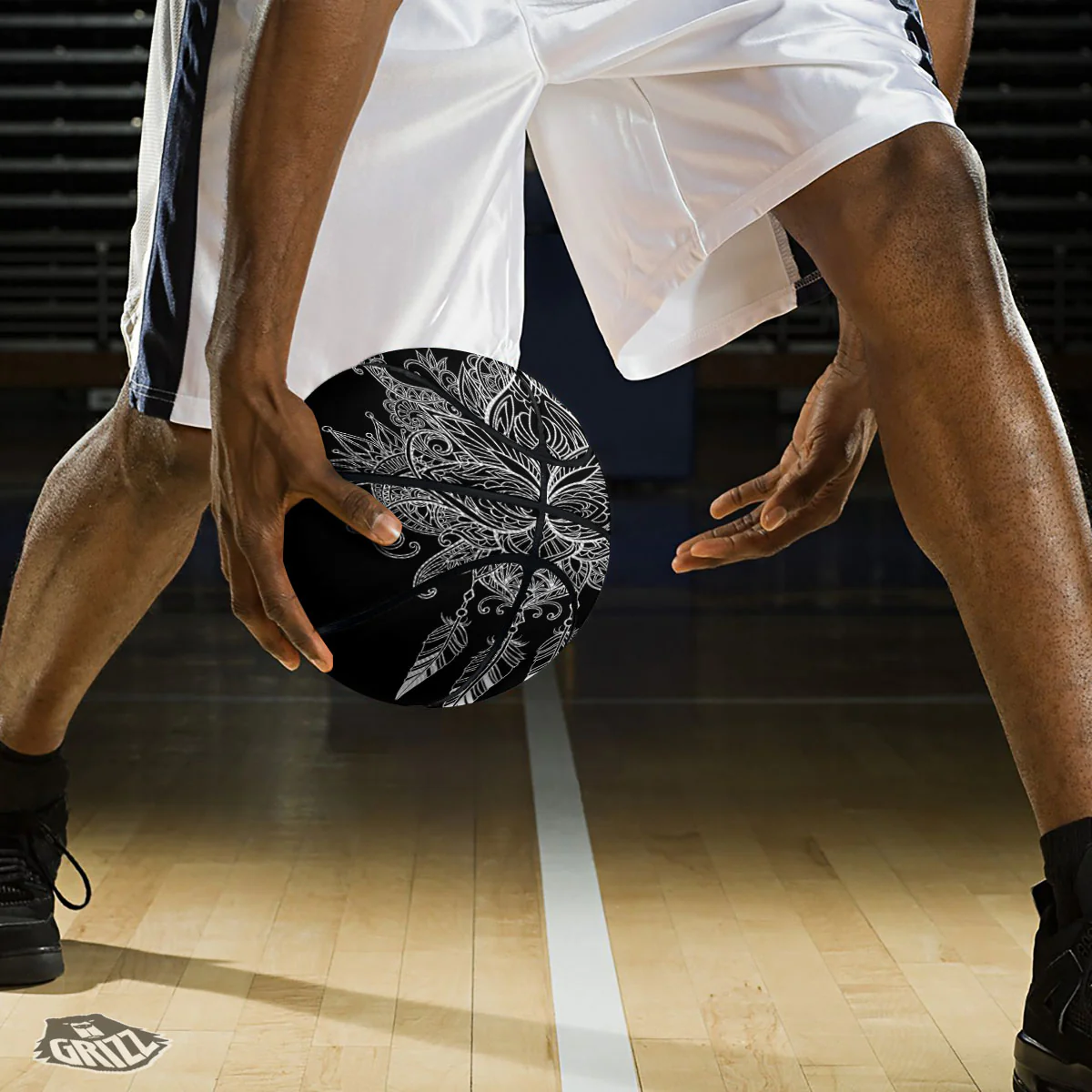 Lotus Mandala White And Black Print Basketball - Image 3