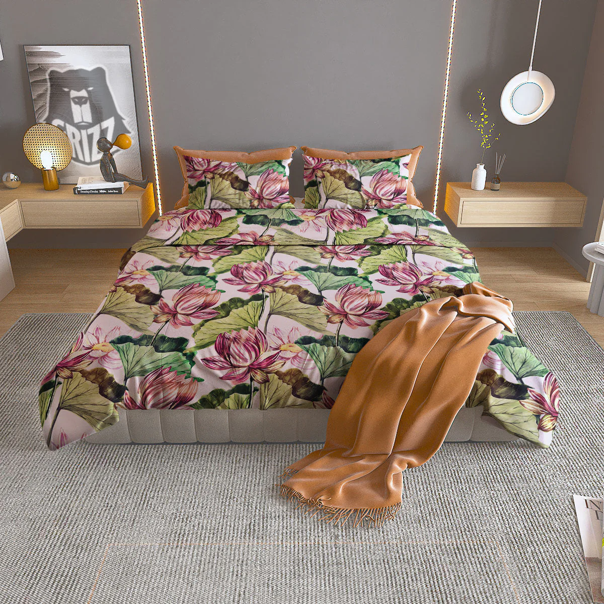 Lotus Pink Print Pattern Duvet Cover Bedding Set