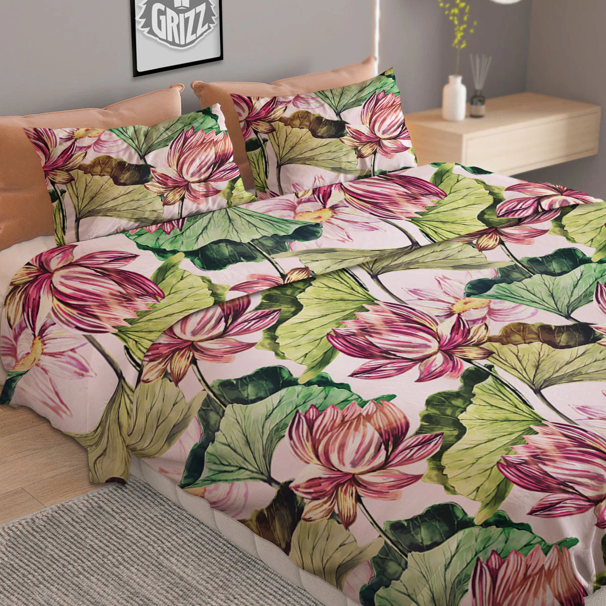 Lotus Pink Print Pattern Duvet Cover Bedding Set - Image 2
