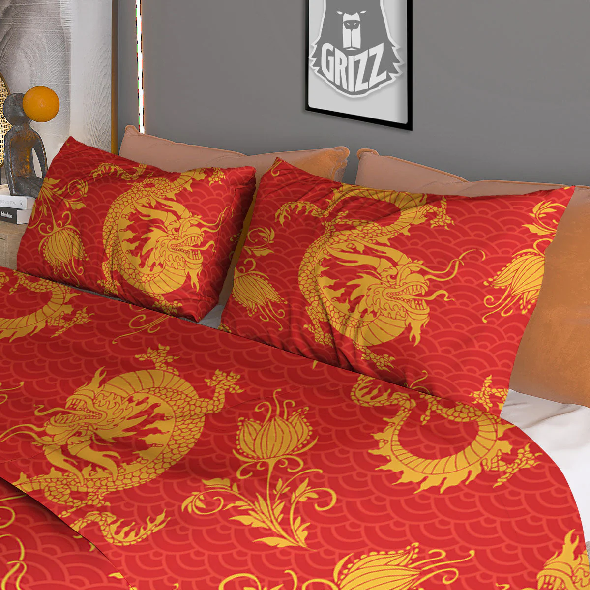 Lotus Red Dragon Print Pattern Duvet Cover Bedding Set - Image 3
