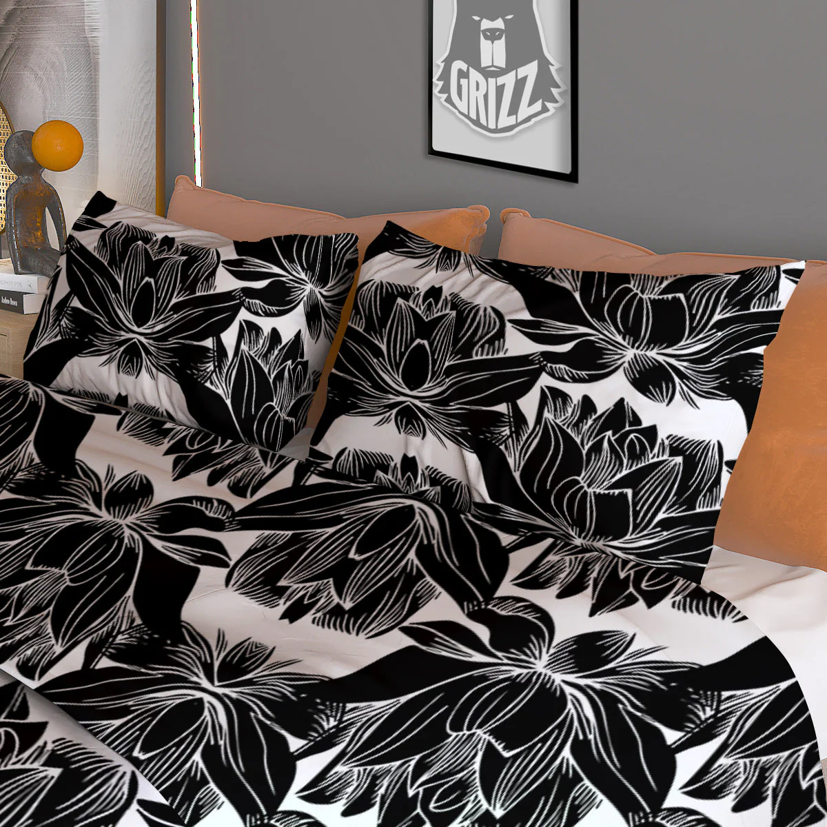 Lotus White And Black Print Pattern Duvet Cover Bedding Set - Image 3