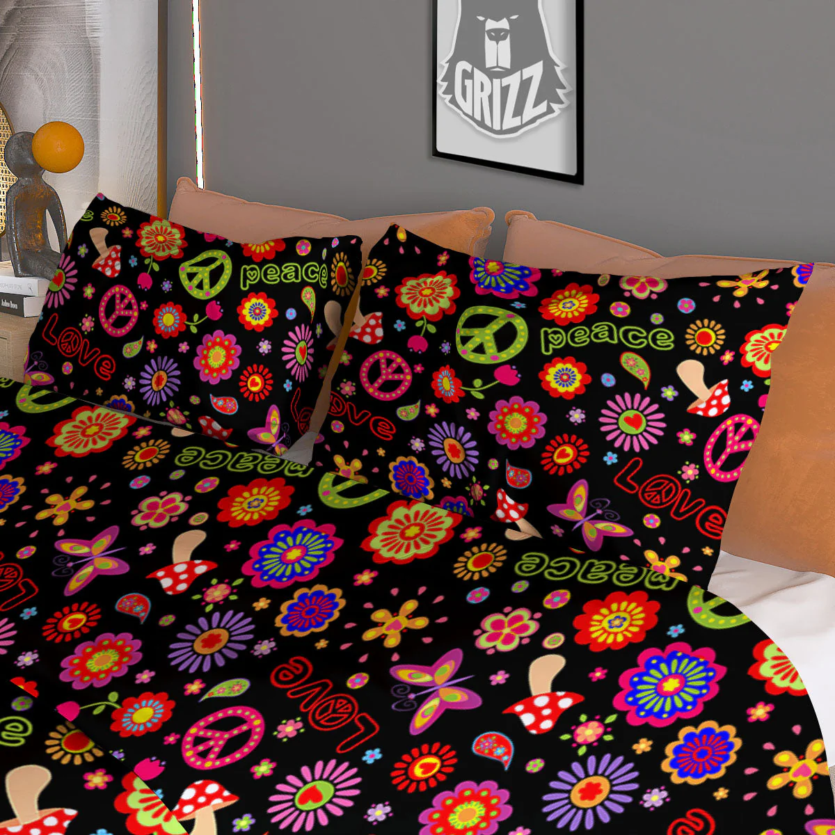 Love And Hippie Peace Sign Print Pattern Duvet Cover Bedding Set - Image 3