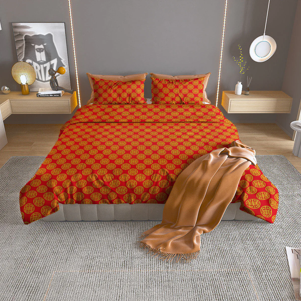 Lu Symbol Chinese Print Pattern Duvet Cover Bedding Set