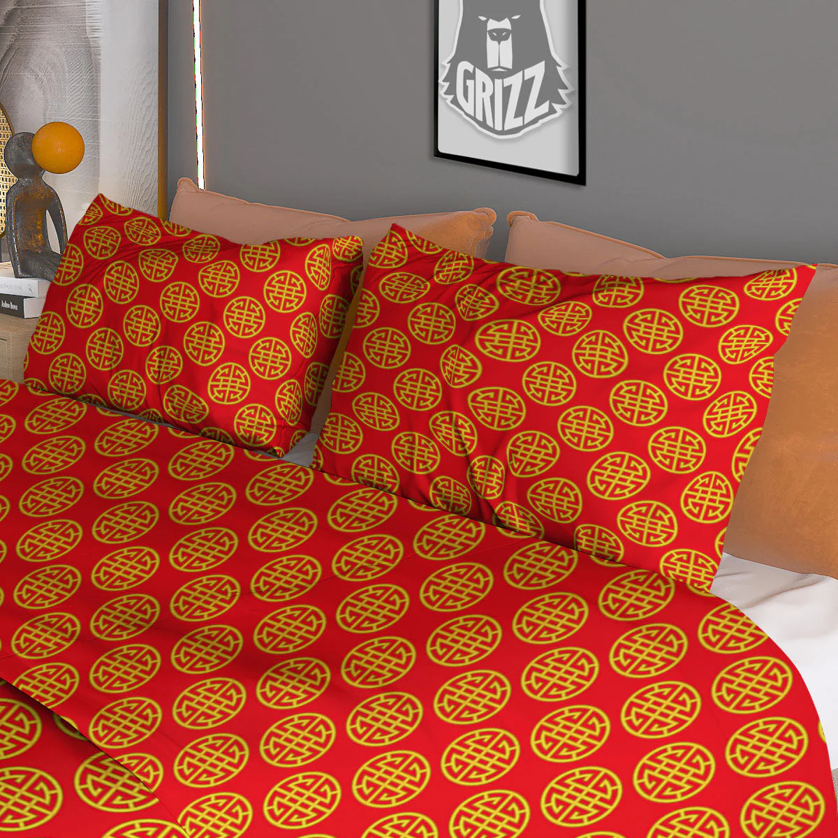 Lu Symbol Chinese Print Pattern Duvet Cover Bedding Set - Image 3