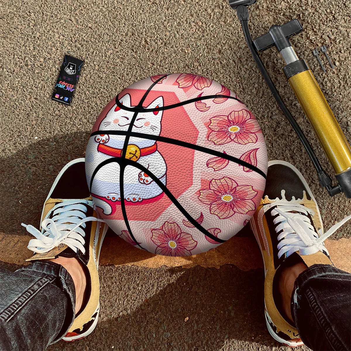 Lucky Cat And Sakura Japanese Print Basketball - Image 2