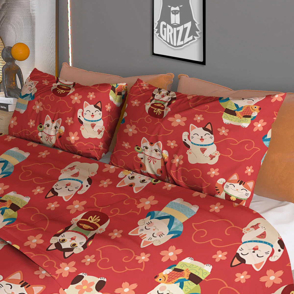 Lucky Cat Japanese Print Pattern Duvet Cover Bedding Set - Image 3