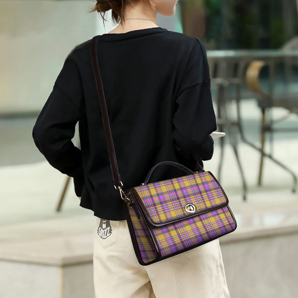Madras Plaid Orange And Purple Print Pattern Women's Satchel Bag - Image 3