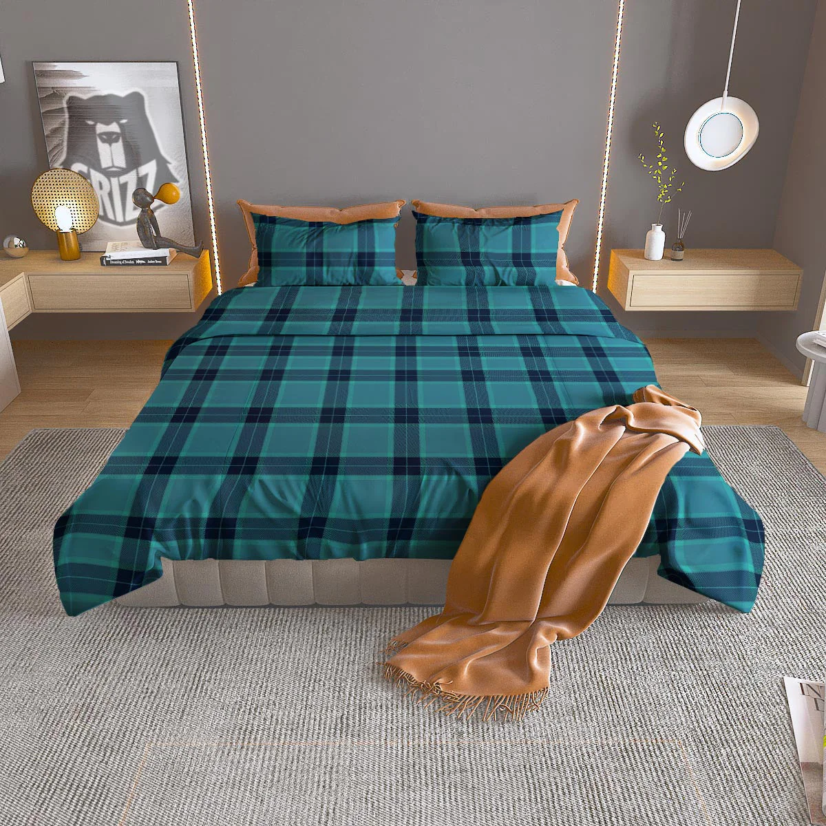 Madras Teal Print Pattern Duvet Cover Bedding Set