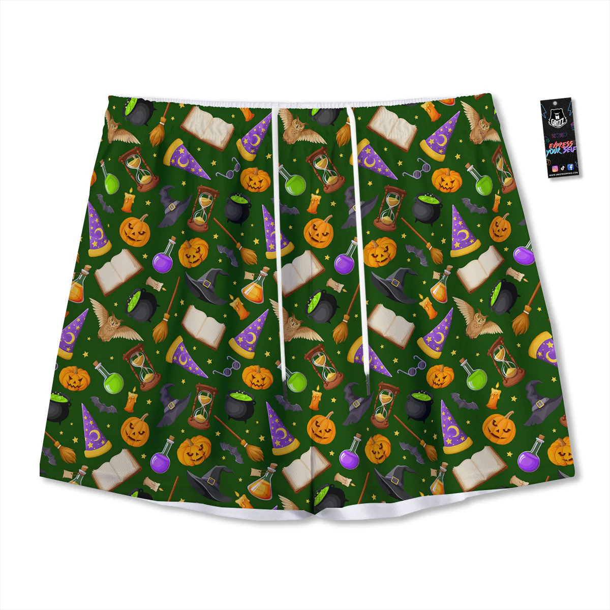 Magical Symbols And Green Print Pattern Mesh Shorts
